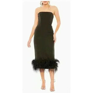 NWT Mac Duggal 11629 Strapless Column Dress Feather Trim Black Size 14